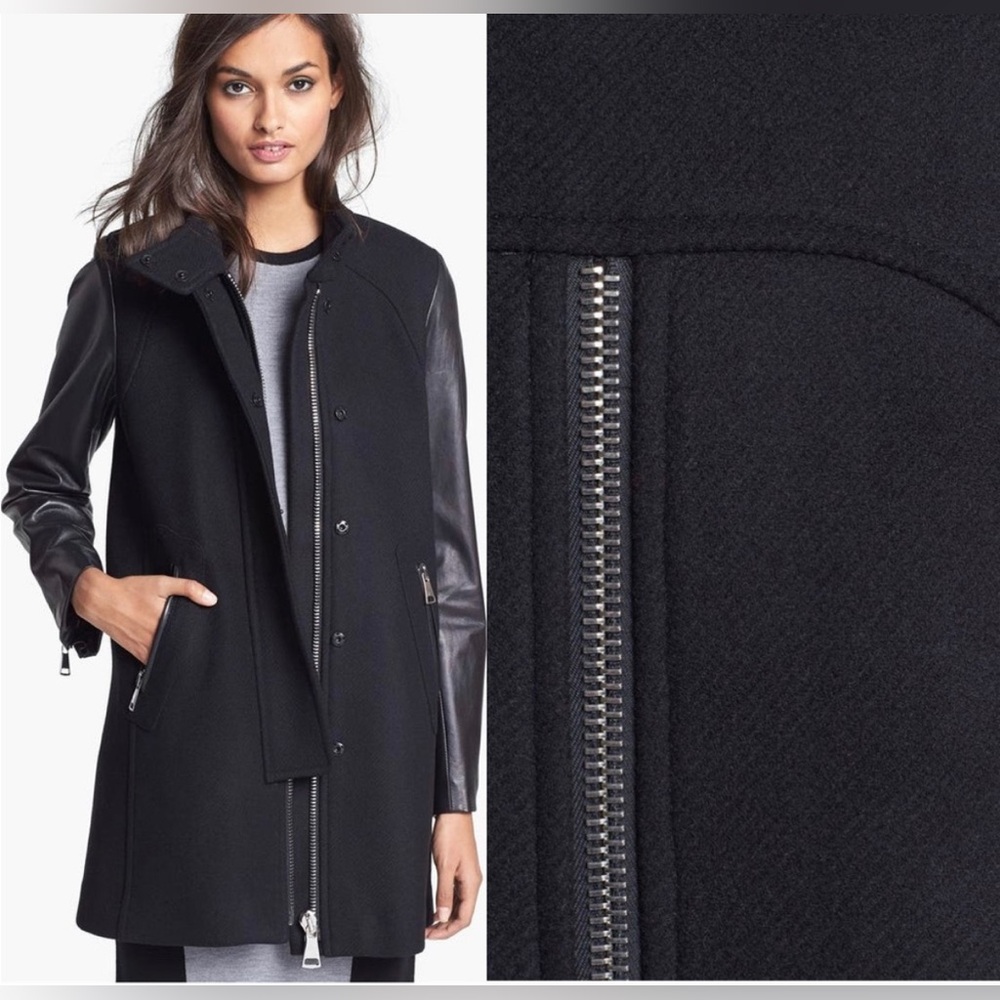 Milly 100% Lambskin Leather Sleeve,Black Jacket,Shell 80% Wool 20%Polyamide